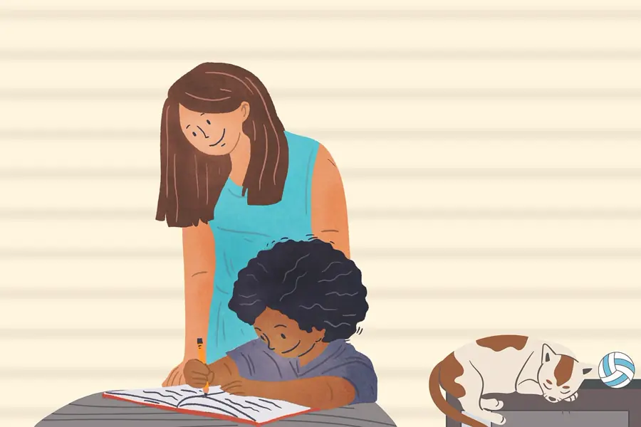 Illustration of a mother helping her child with homework